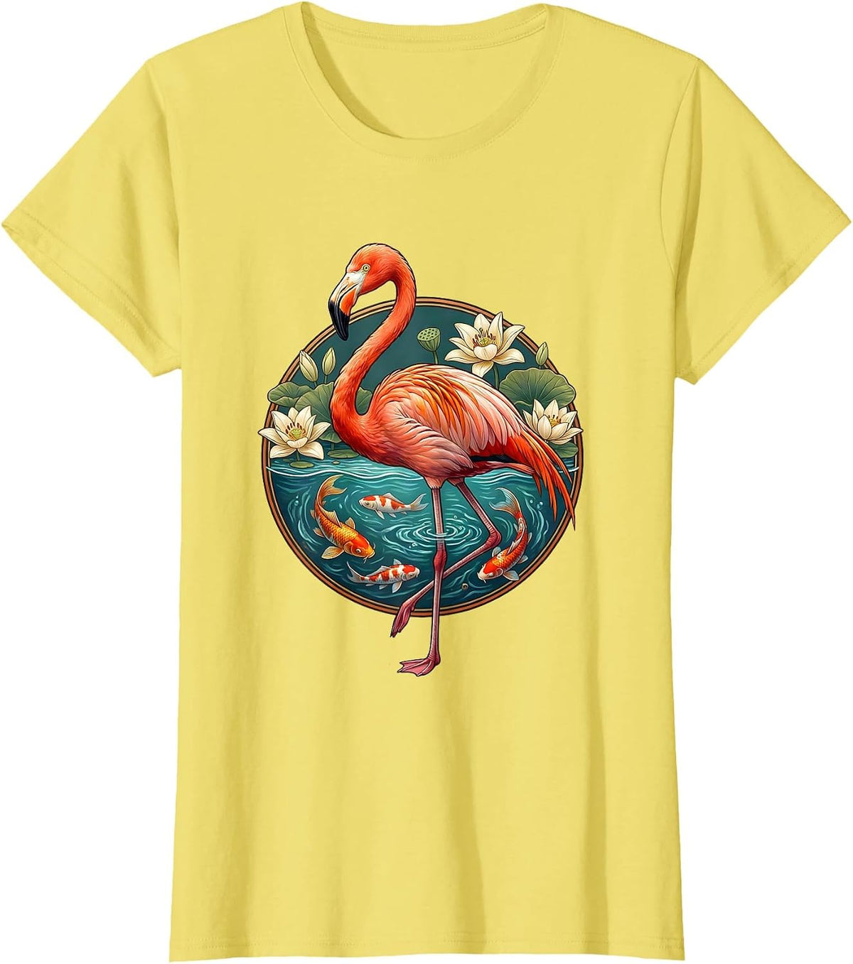 Flamingo and Koi Fish Harmony Graphic Design T-Shirt - Lemon Yellow