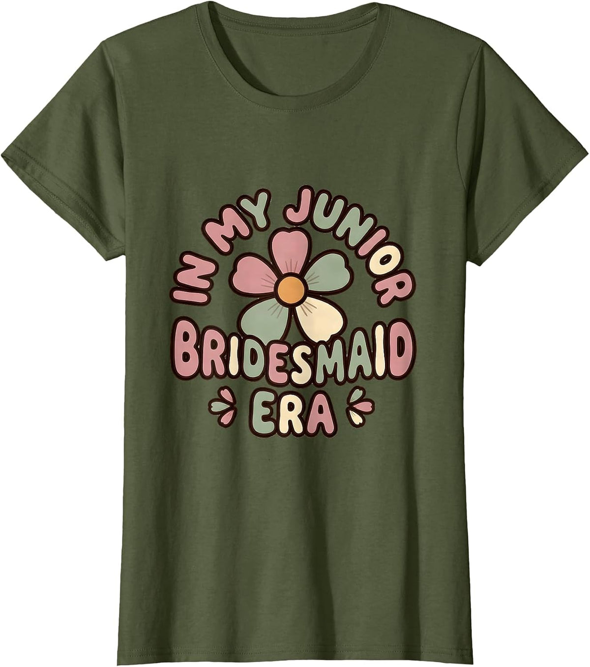 Women's In My Junior Bridesmaid Era Retro Groovy Flower Novelty T-Shirt - Olive Green