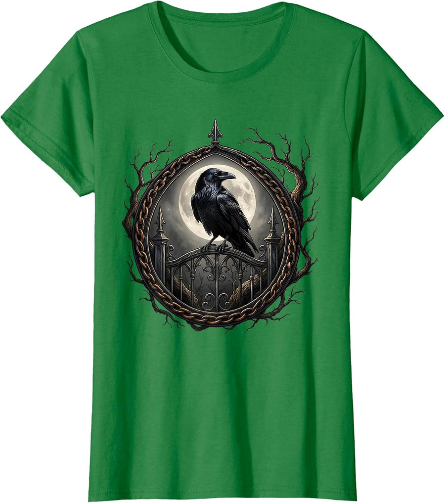 Women's Raven on Gothic Iron Gate Halloween Design T-Shirt - Kelly Green