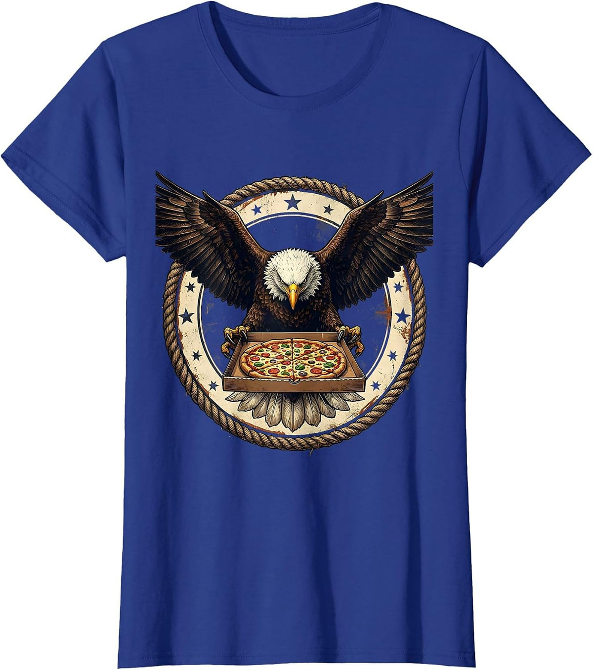Women's Bald Eagle Pizza Delivery Funny Novelty Graphic Tee T-Shirt - Royal Blue