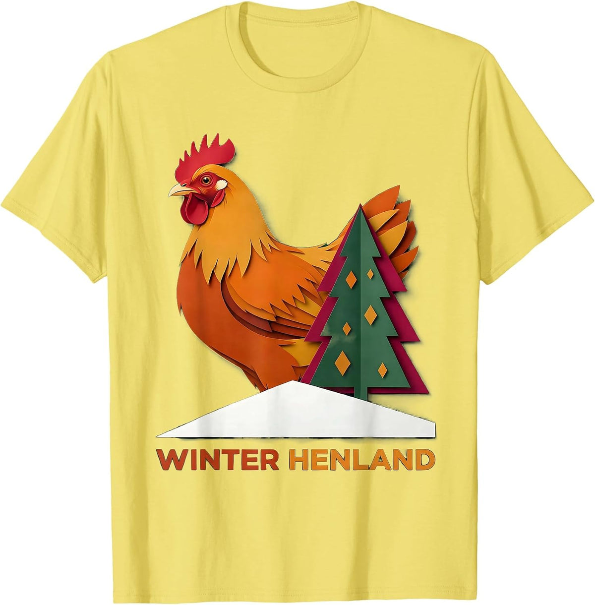 Men's Winter Henland Paper Cutout Funny Chicken Lover Christmas T-Shirt - Lemon Yellow