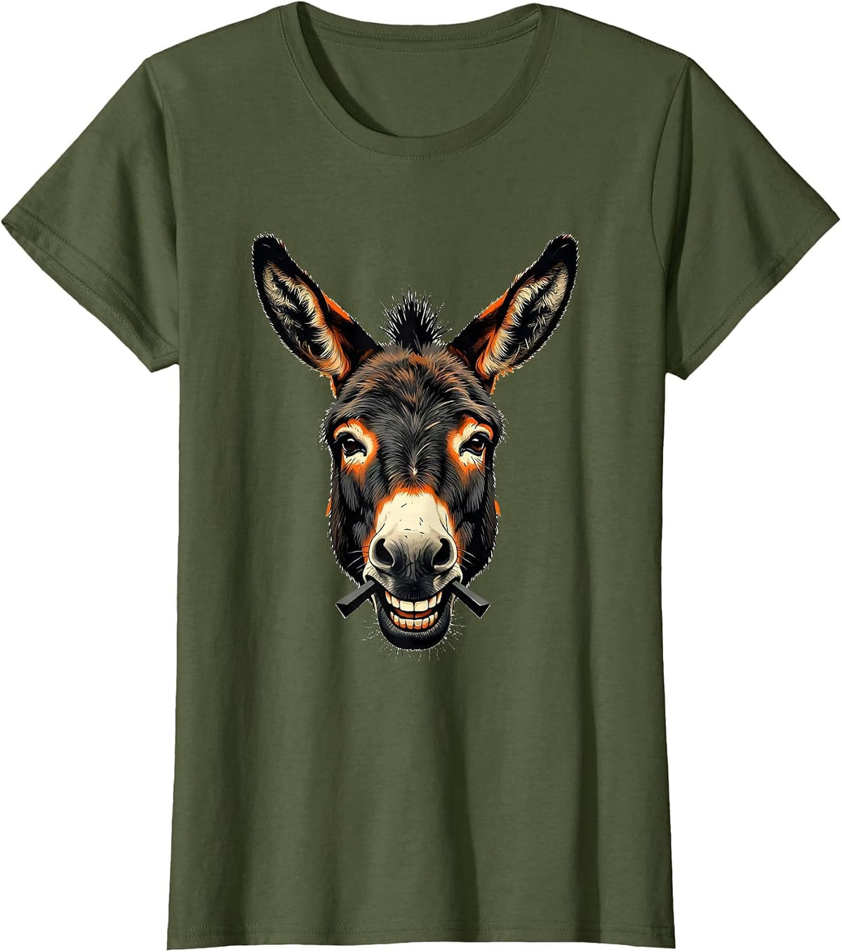 Women's Smart Donkey Head Stencil Graphic Animal Lover Humor T-Shirt - Olive Green