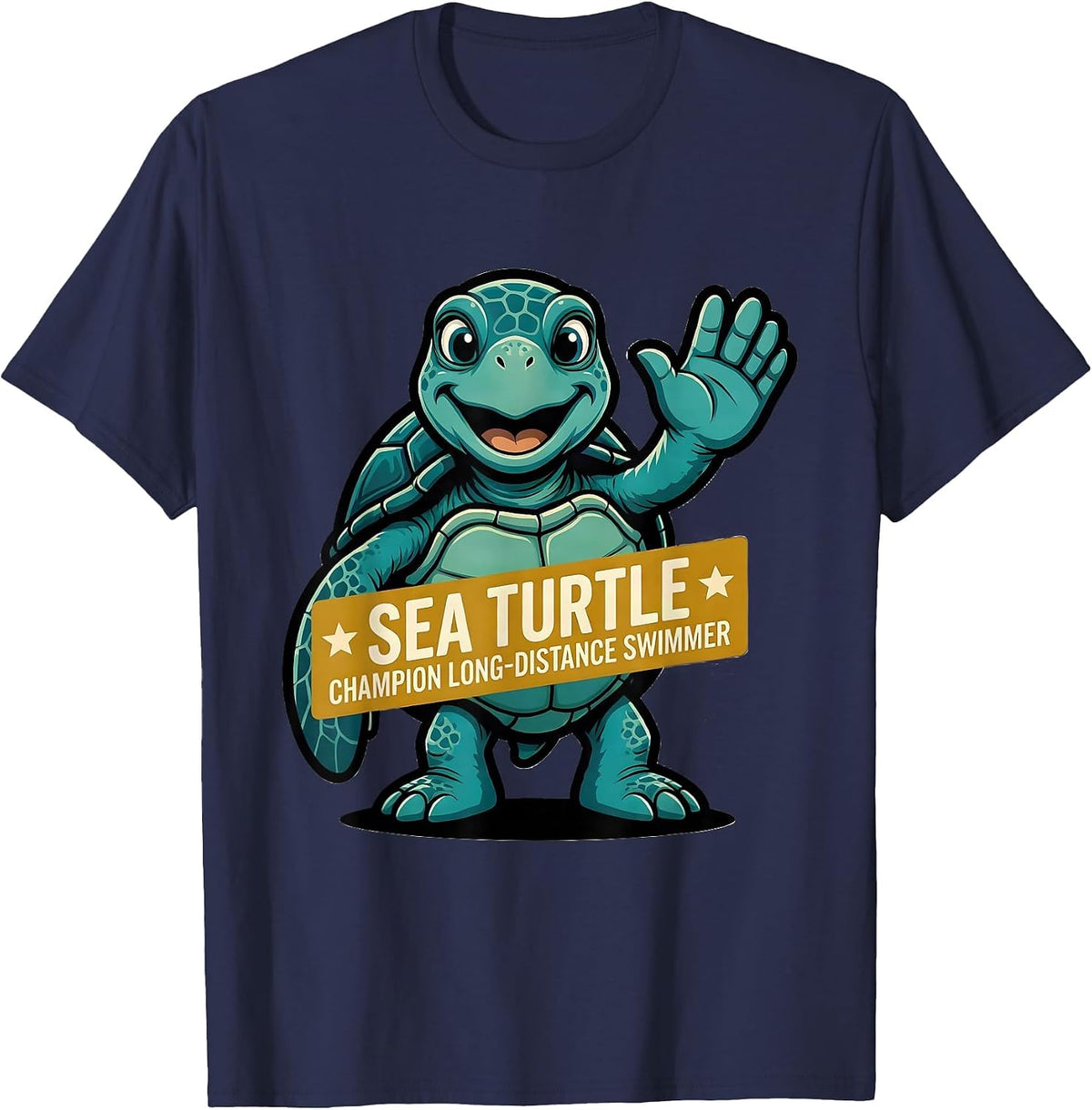 Sea Turtle: Champion Long-Distance Swimmer Retro Mascot T-Shirt - Navy Blue