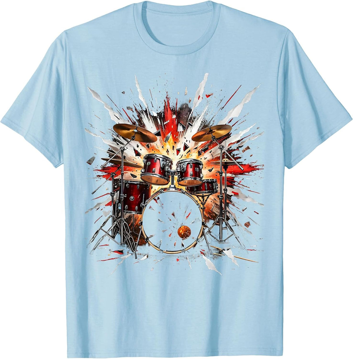 Men's Exploding Drum Kit Firework Burst Music Art T-Shirt - Baby Blue