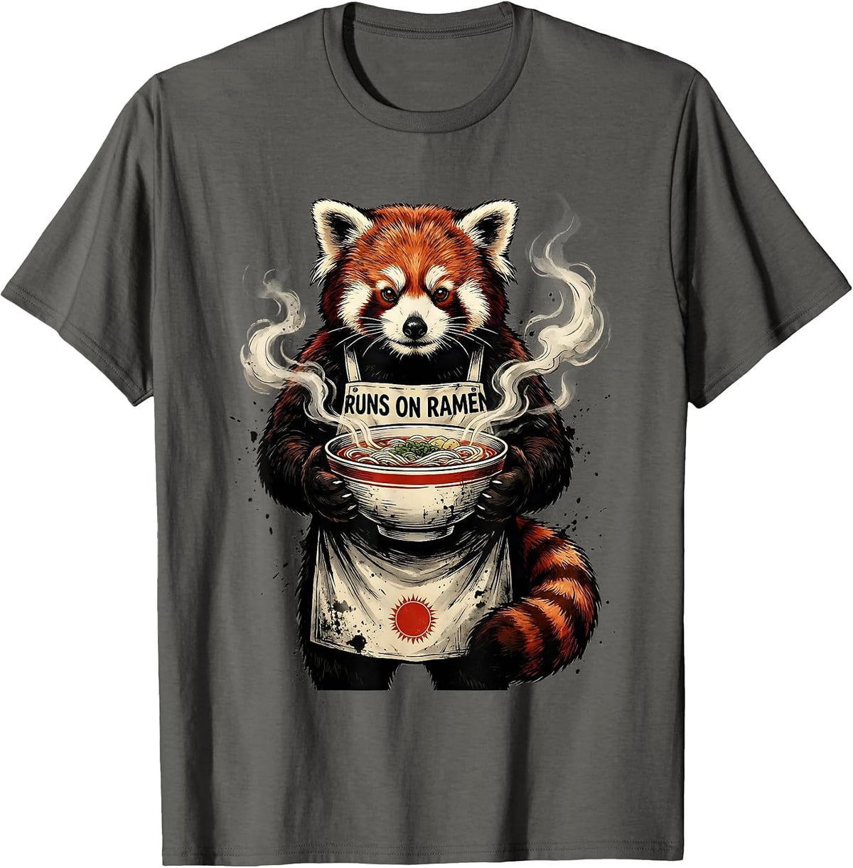Men's Runs on Ramen Ink-Wash Red Panda Anime Animal Novelty Humor T-Shirt - Asphalt Grey