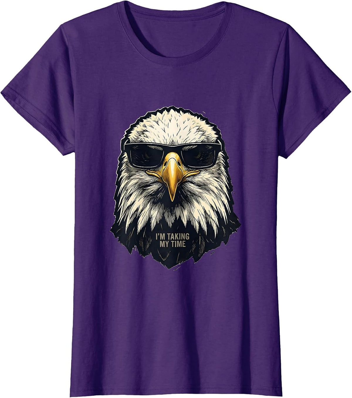 Women's I'm Taking My Time Linocut Bald Eagle Sunglasses Funny T-Shirt - Purple