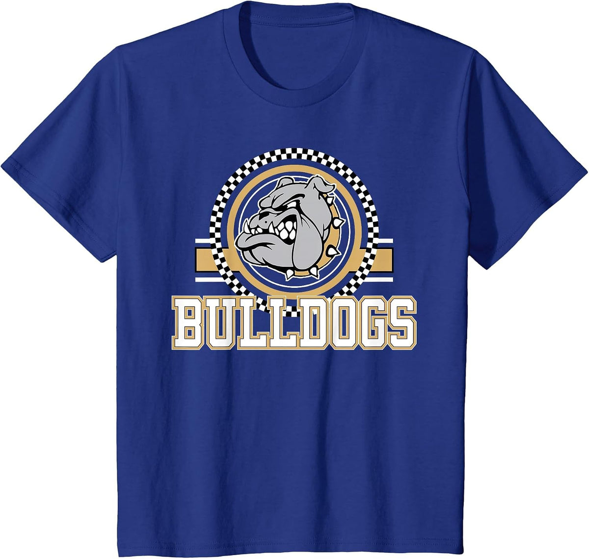 Bulldogs Checkered Print Logo Gold Bulldog Mascot School T-Shirt - Royal Blue