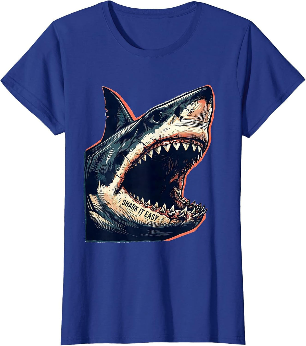 Women's Shark It Easy Linocut Funny Shark Lover Ocean Animal Humor T-Shirt - Royal Blue