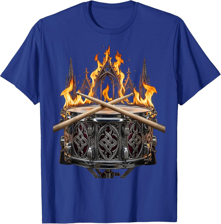 Flaming Snare Drum Crossed Sticks Band Graphic T-Shirt - Royal Blue