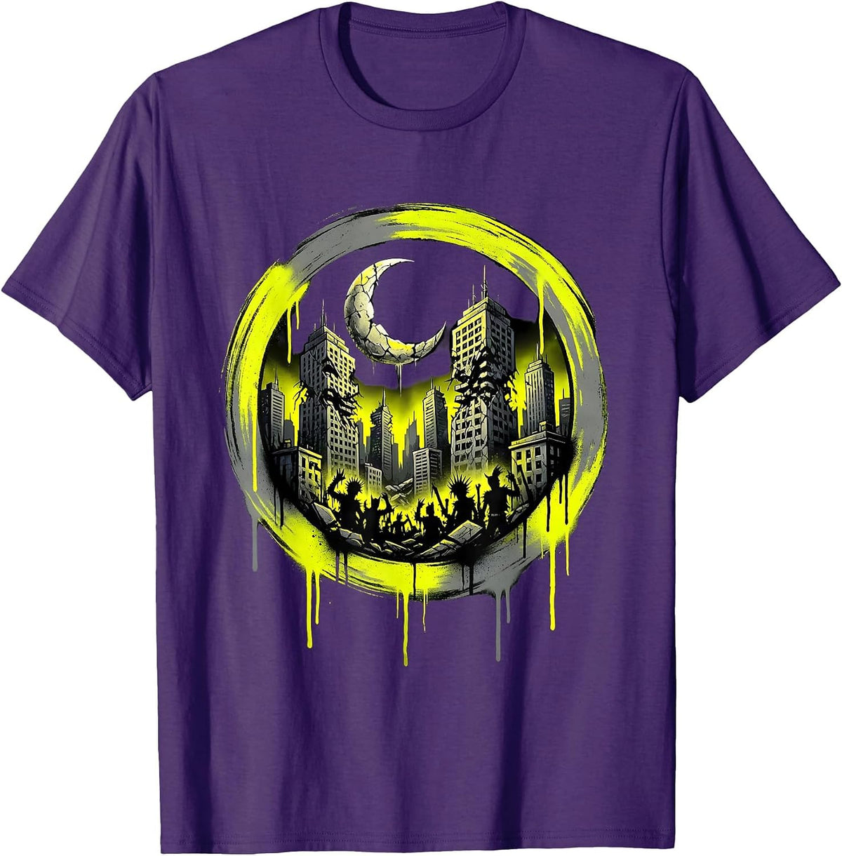 Punk Crumbling City Skyline Midnight Graphic T-Shirt - Purple