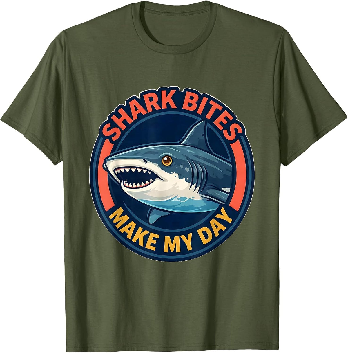 Shark Bites Make My Day Funny Shark Lover Ocean Wildlife T-Shirt - Olive Green