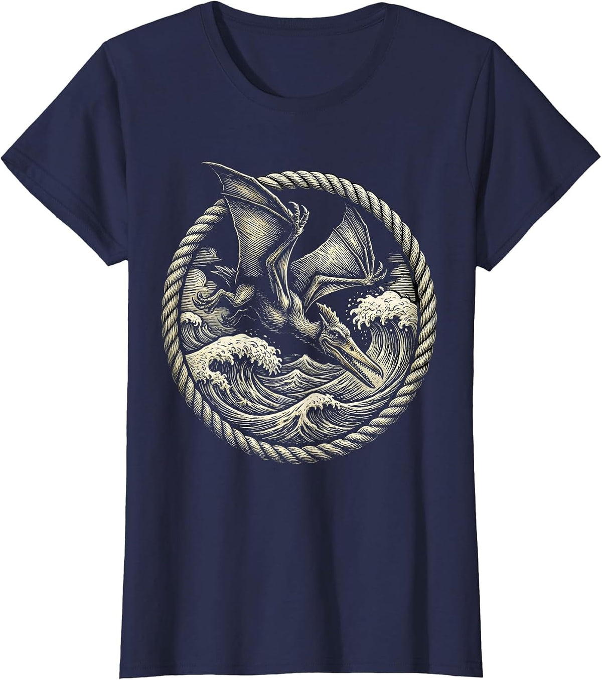 Women's Pterodactyl Diving Over Crashing Ocean Waves T-Shirt - Navy Blue