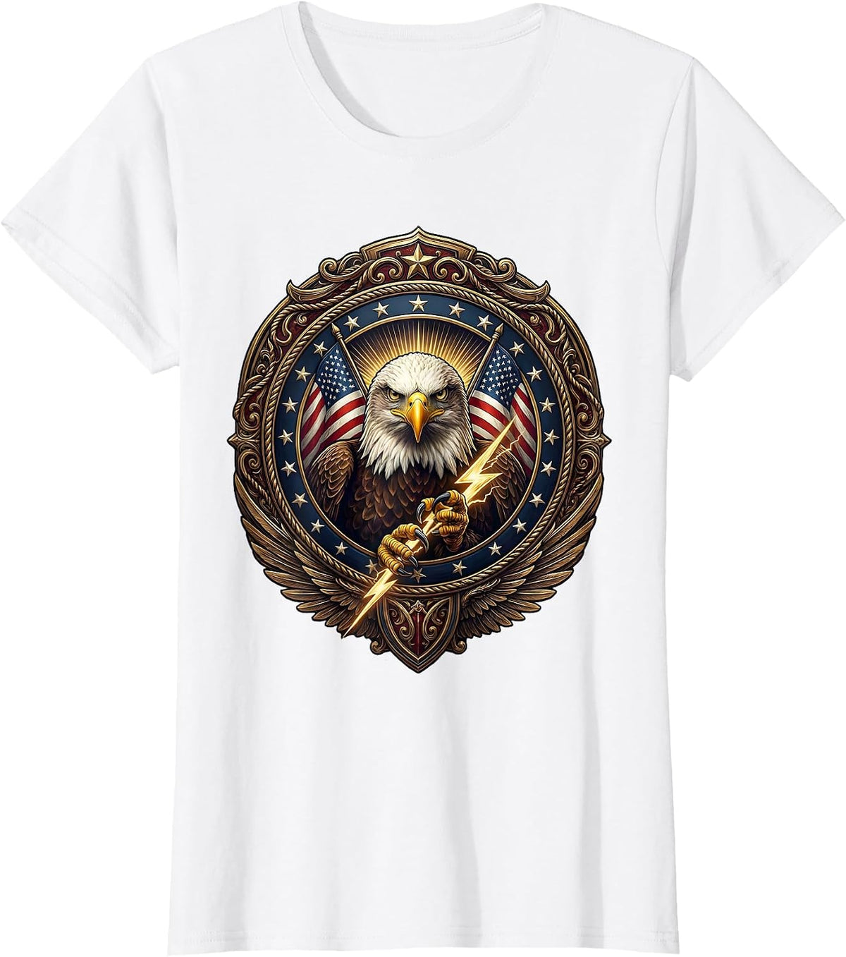 Women's Bald Eagle Lightning Bolt American Power Design T-Shirt - White
