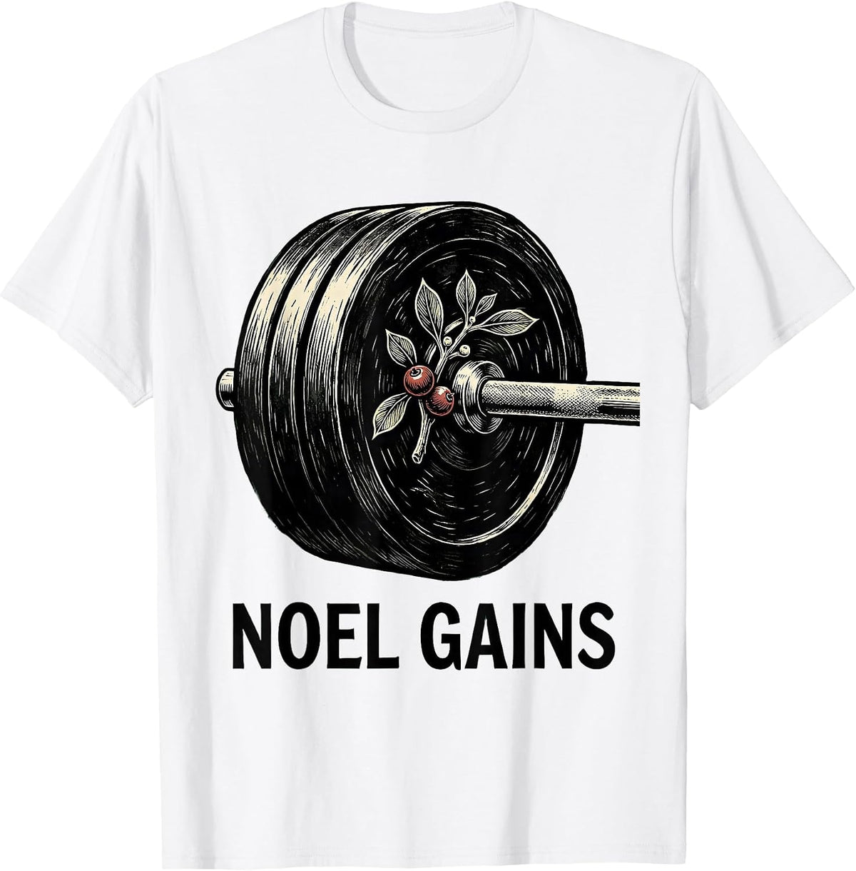 Men's Noel Gains Linocut Funny Christmas Weightlifting Gym Workout T-Shirt - White