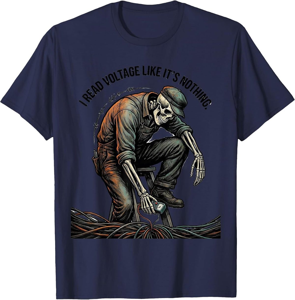 I Read Voltage Like It's Nothing Funny Electrician Skeleton T-Shirt - Navy Blue