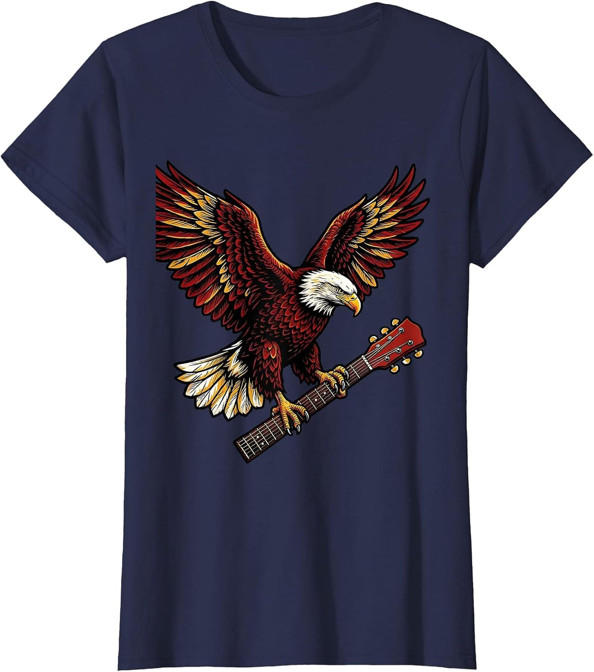 Women's Bald Eagle on Guitar Neck Country Music Design T-Shirt - Navy Blue