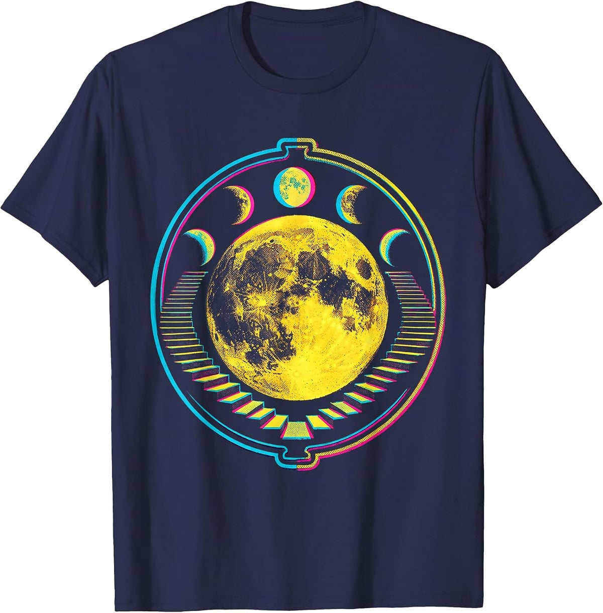 Men's Moon Phase Celestial Astronomy Boho Risograph T-Shirt - Navy Blue