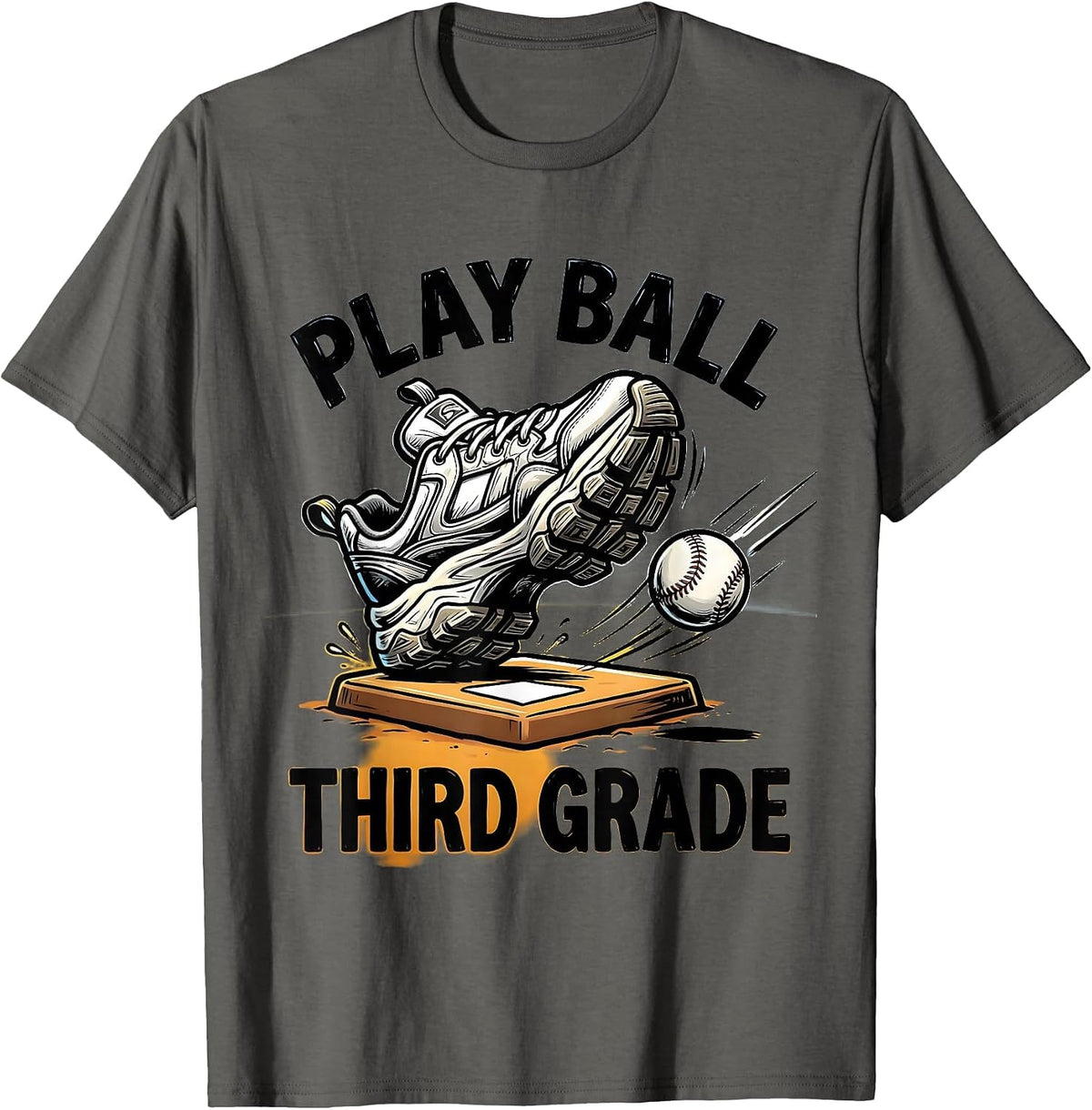 Men's Play Ball Third Grade Cartoon Baseball Back To School T-Shirt - Asphalt Grey