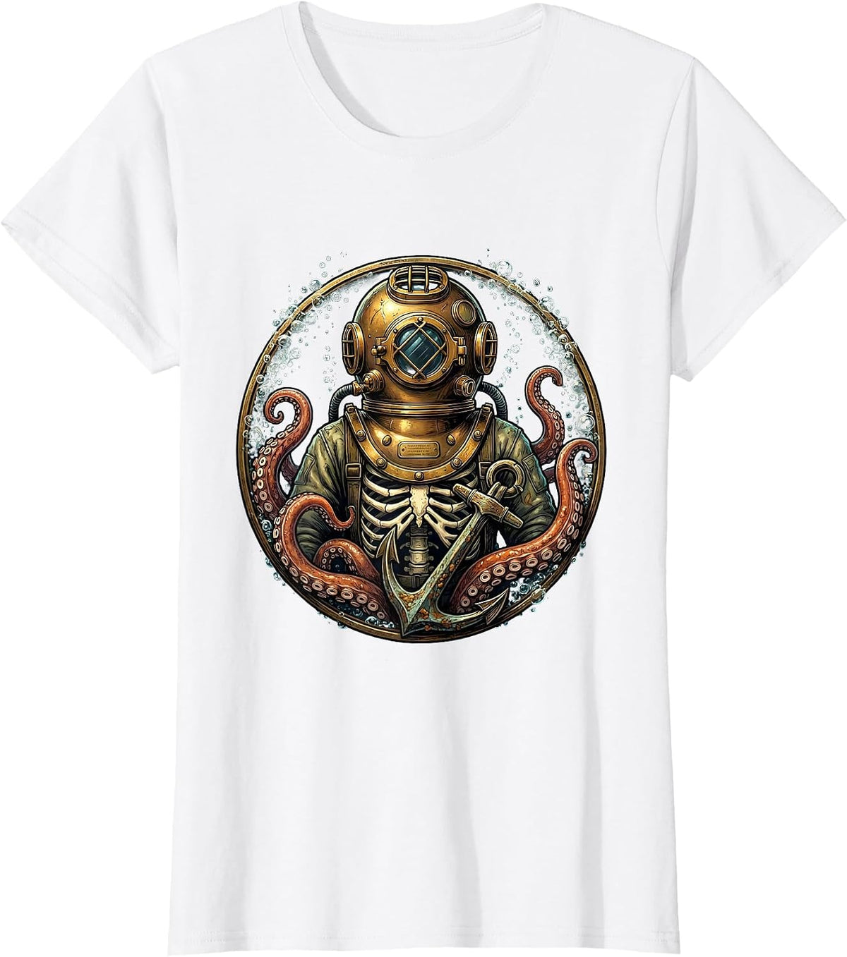 Skeleton Deep Sea Diver Vintage Diving Helmet Art T-Shirt - White