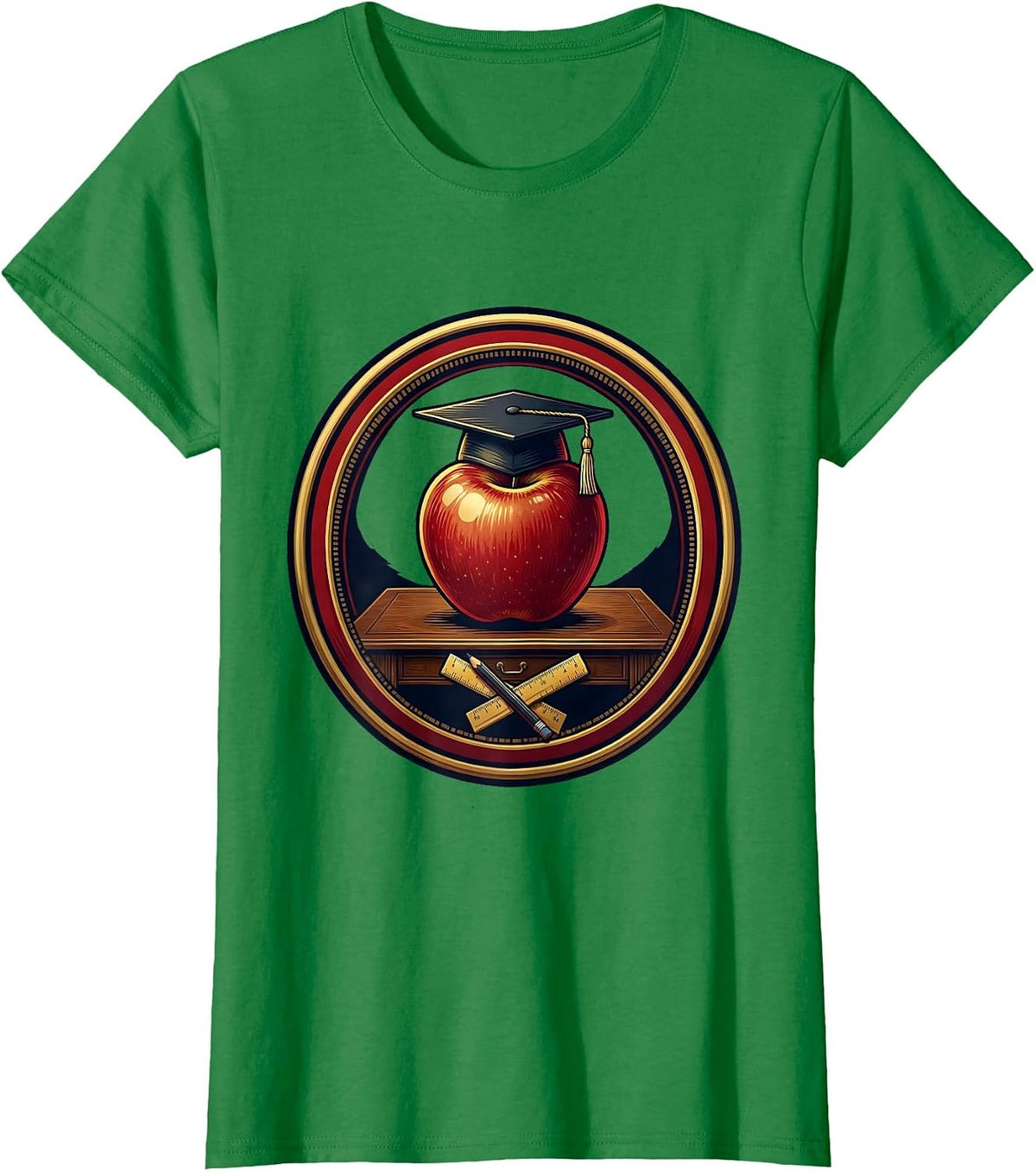 Women's Preschool Teacher Apple Graduation Cap Desk Art T-Shirt - Kelly Green