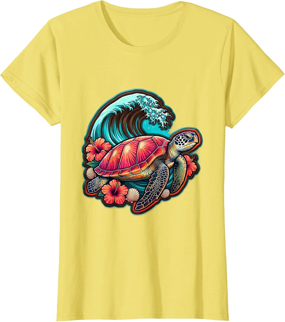 Women's Sea Turtle Under Breaking Wave Surf Design T-Shirt - Lemon Yellow