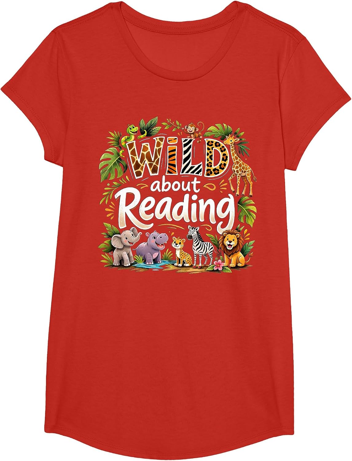Wild About Reading Animal Reader Lover Librarian Bookworm T-Shirt - Girls Red