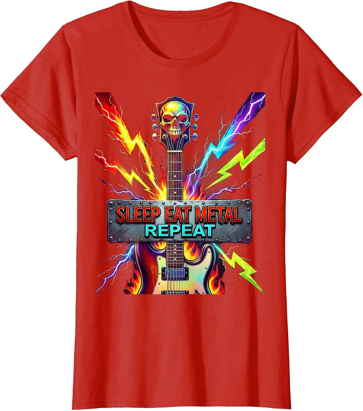 Sleep Eat Metal Repeat Heavy Music Lover Design T-Shirt - Red