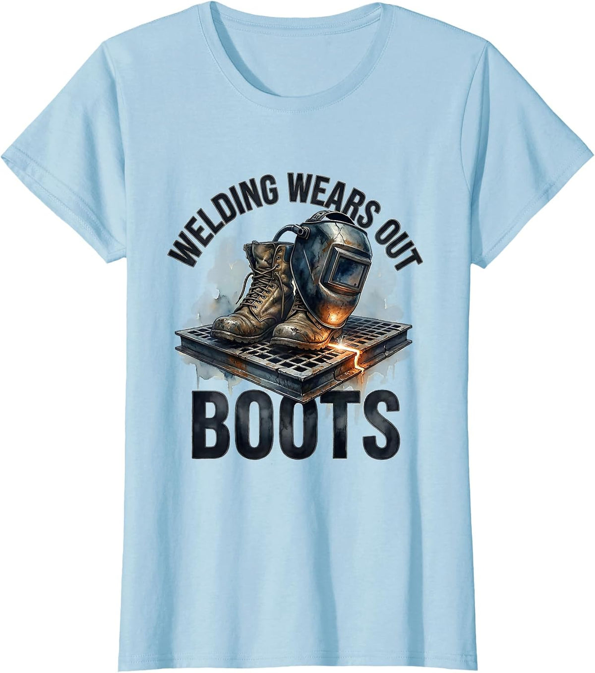 Women's Welding Wears Out Boots Funny Welder Skeleton Humor T-Shirt - Baby Blue