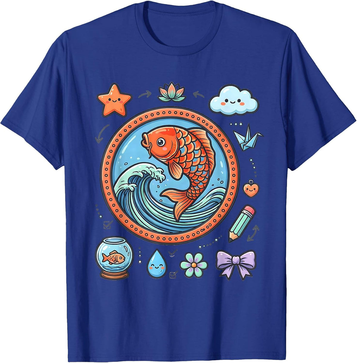 Men's Koi Fish Leaping Wave Anime Art Design T-Shirt - Royal Blue