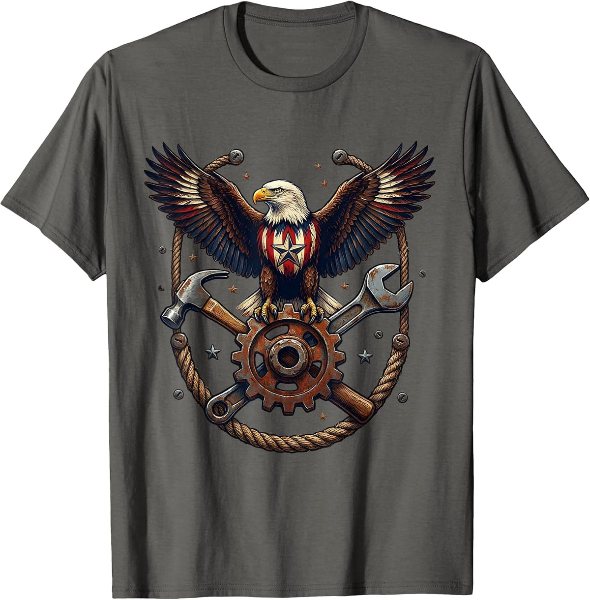 Labor Day Eagle Crossed Tools and Gear Graphic T-Shirt - Asphalt Grey