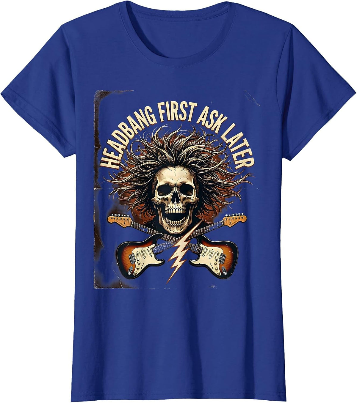Women's Headbang First Ask Later 90s Rock Band Design T-Shirt - Royal Blue