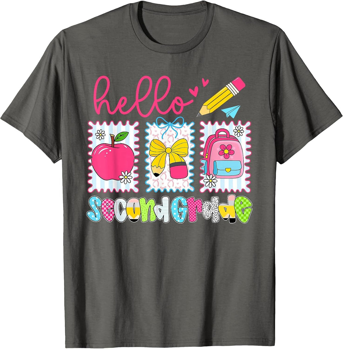 Preppy Hello Second Grade Team Back to School Teachers Kids T-Shirt, Men, Asphalt Grey, Large - As Pictured