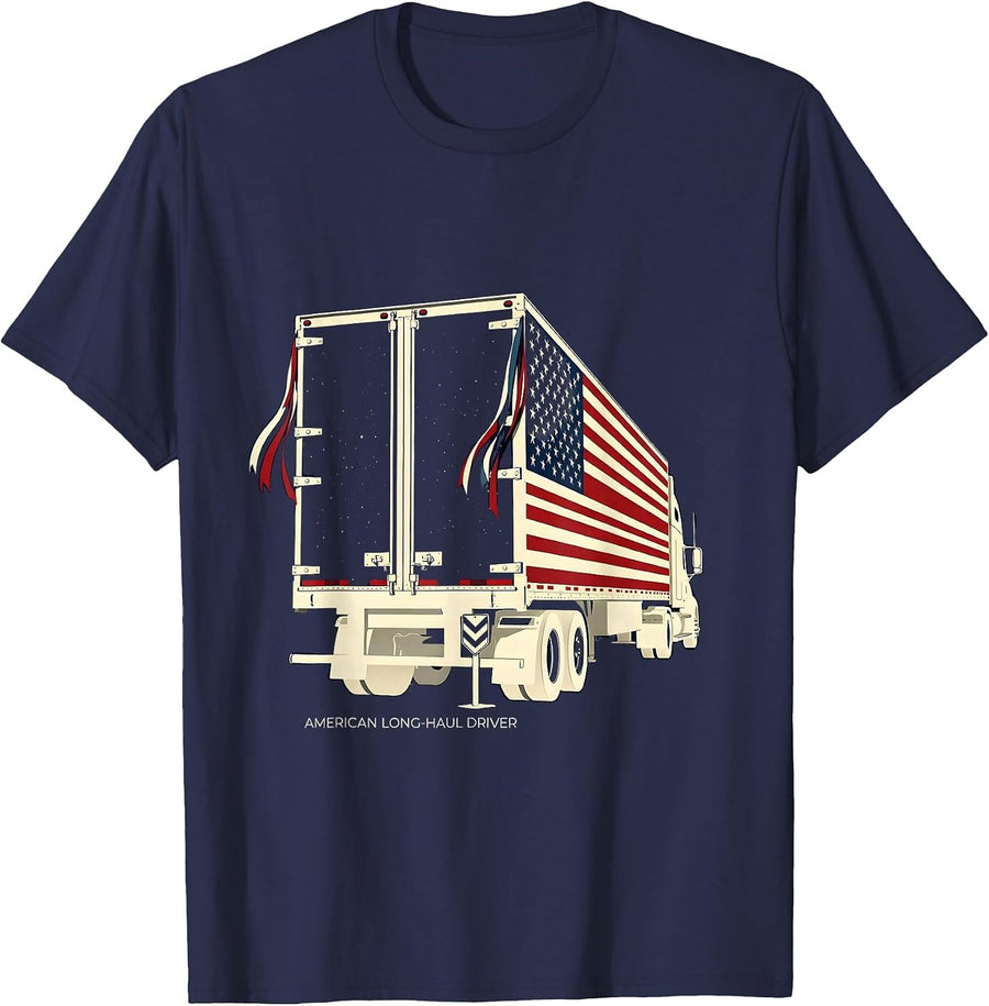 American Long-Haul Driver Patriotic Semi Trucker Occupation T-Shirt - Navy Blue