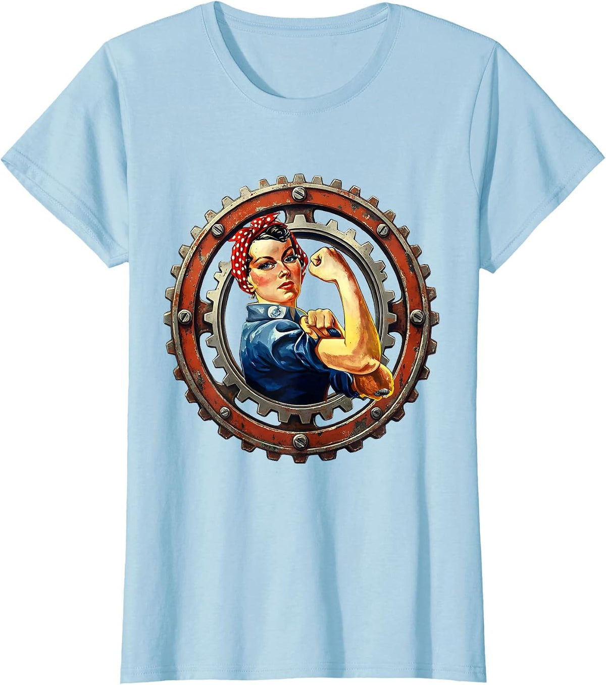 Women's Rosie the Riveter Gears and Bolts Illustration T-Shirt - Baby Blue