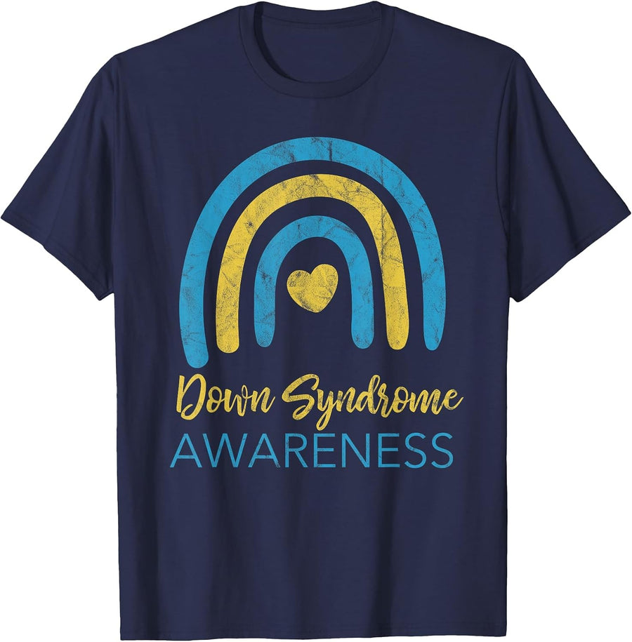 National Down Syndrome Awareness Month Retro Rainbow T21 T-Shirt - Navy Blue