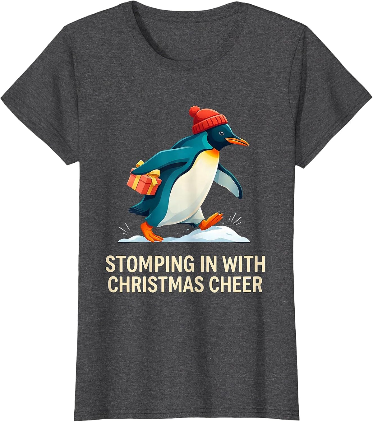 Women's Stomping In With Christmas Cheer Funny Penguin Lover T-Shirt - Dark Heather Grey