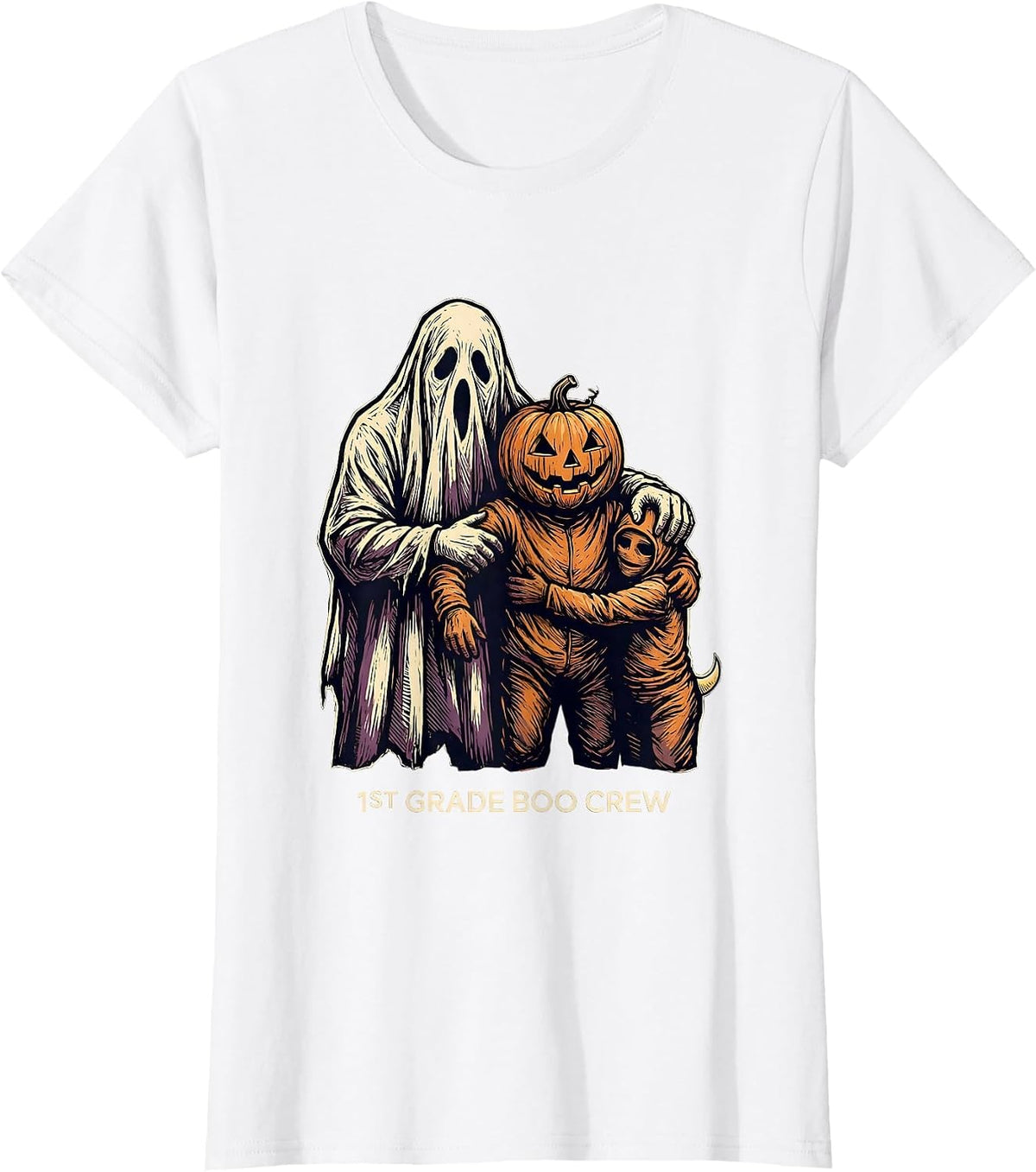 Women's 1st Grade Boo Crew Playful Halloween Teacher Student Crew T-Shirt - White