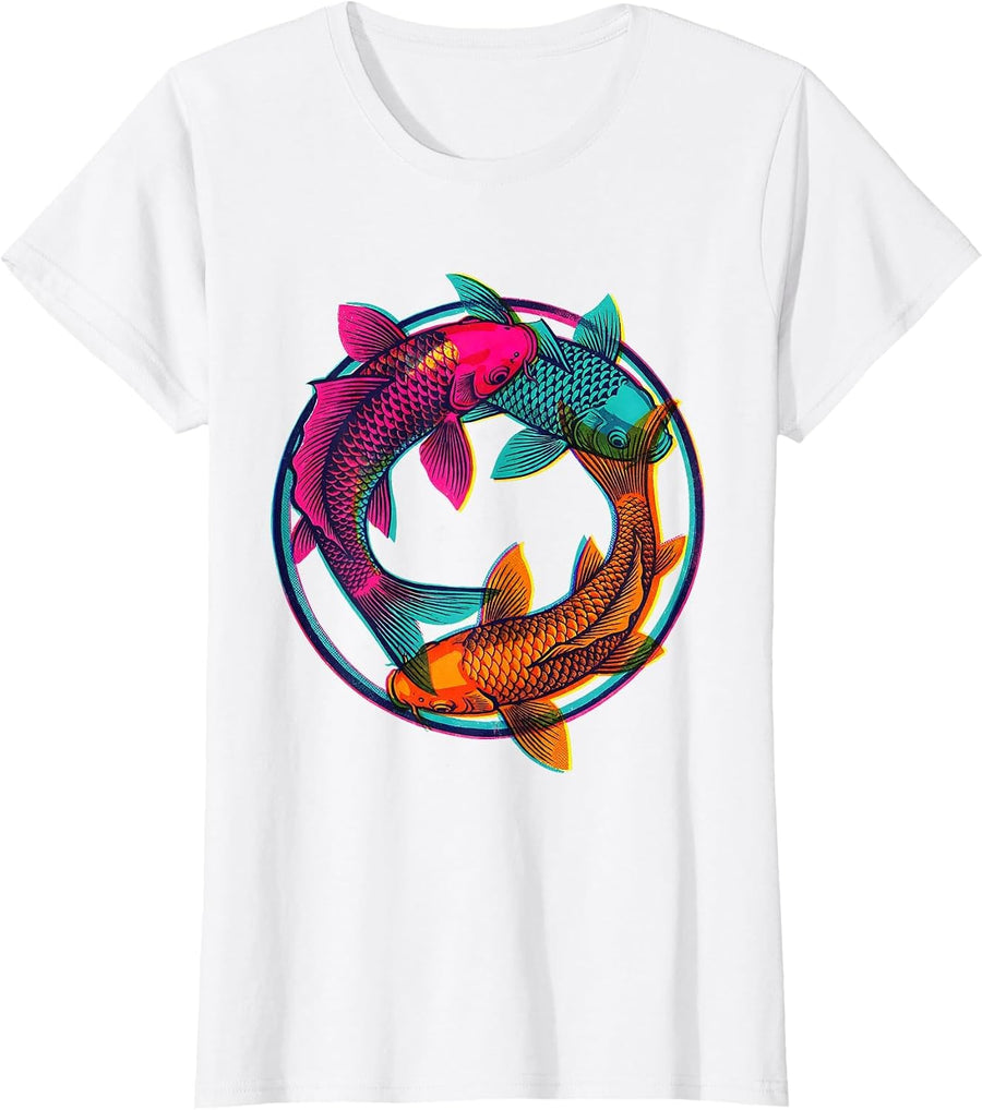 Women's Rainbow Koi Fish Swimming in Circle Design T-Shirt - White