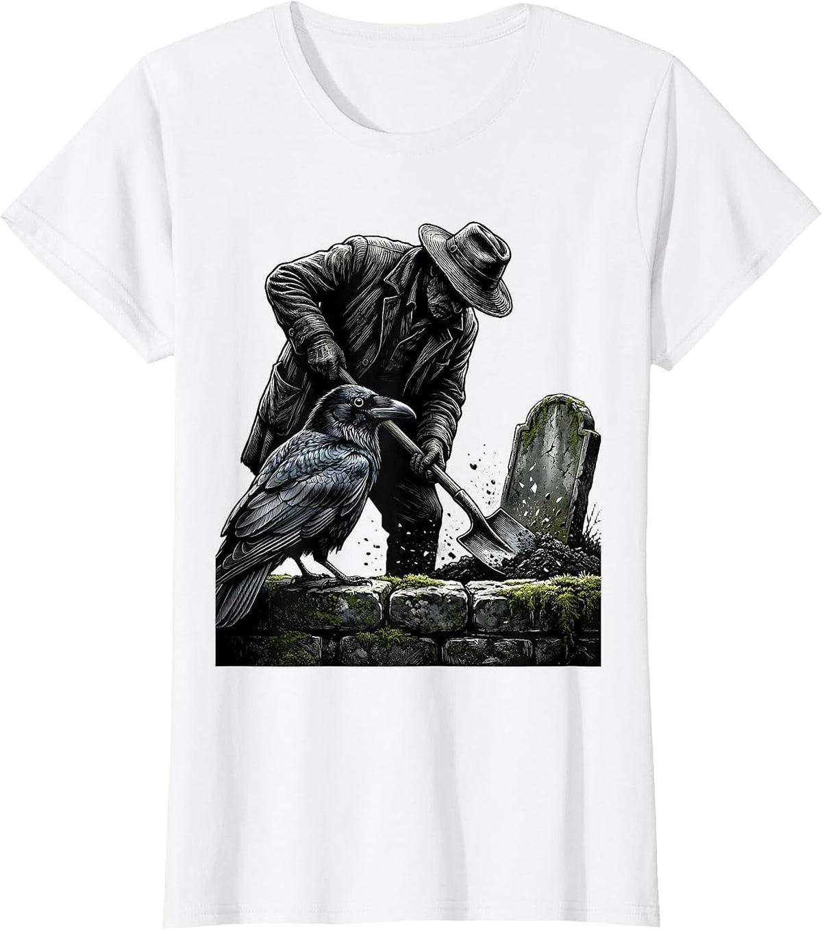 Raven Watches Gravedigger Stone Wall Gothic Art T-Shirt - White