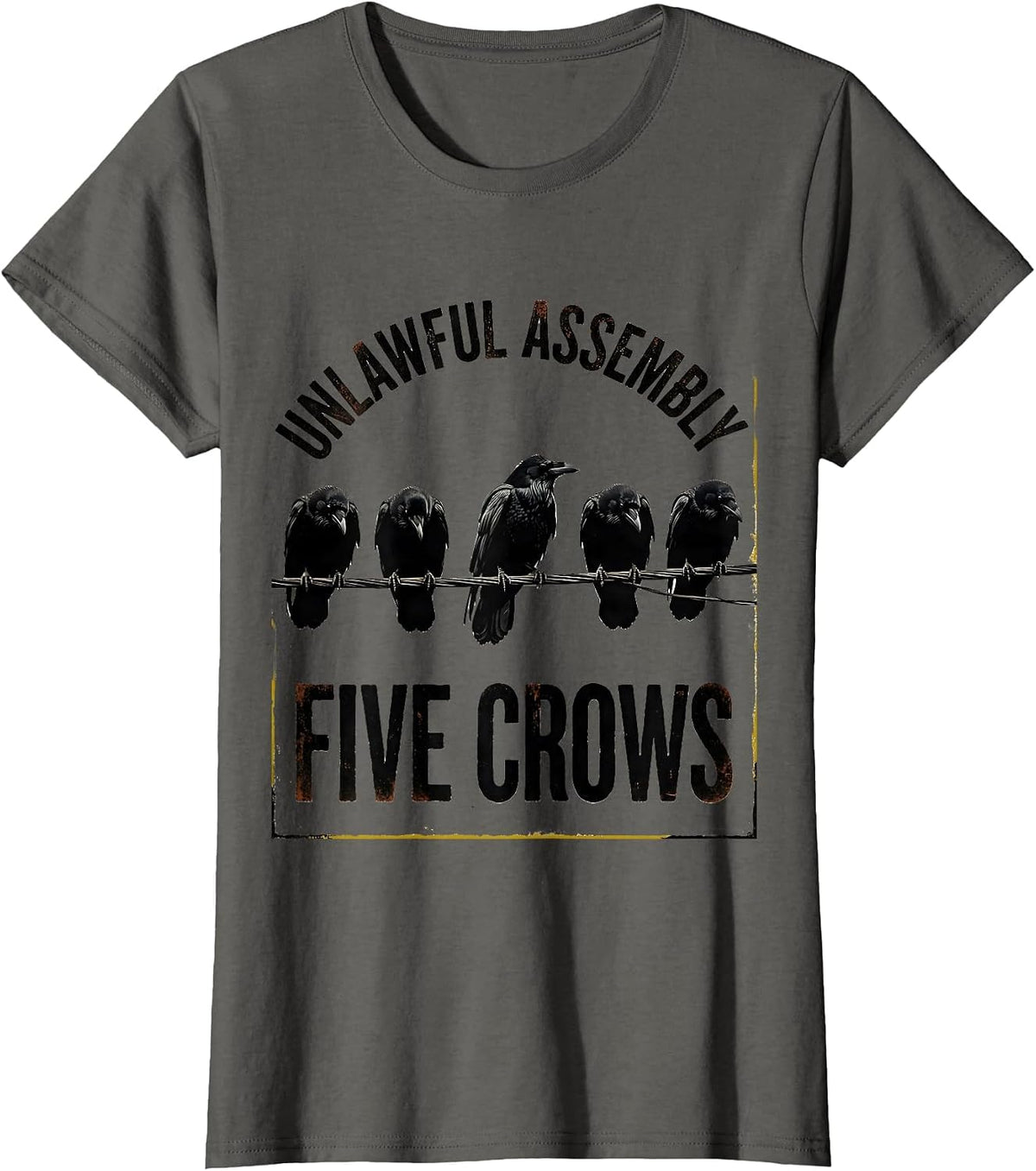 Women's Unlawful Assembly Five Crows Vintage Crow Humor Pun T-Shirt - Asphalt Grey