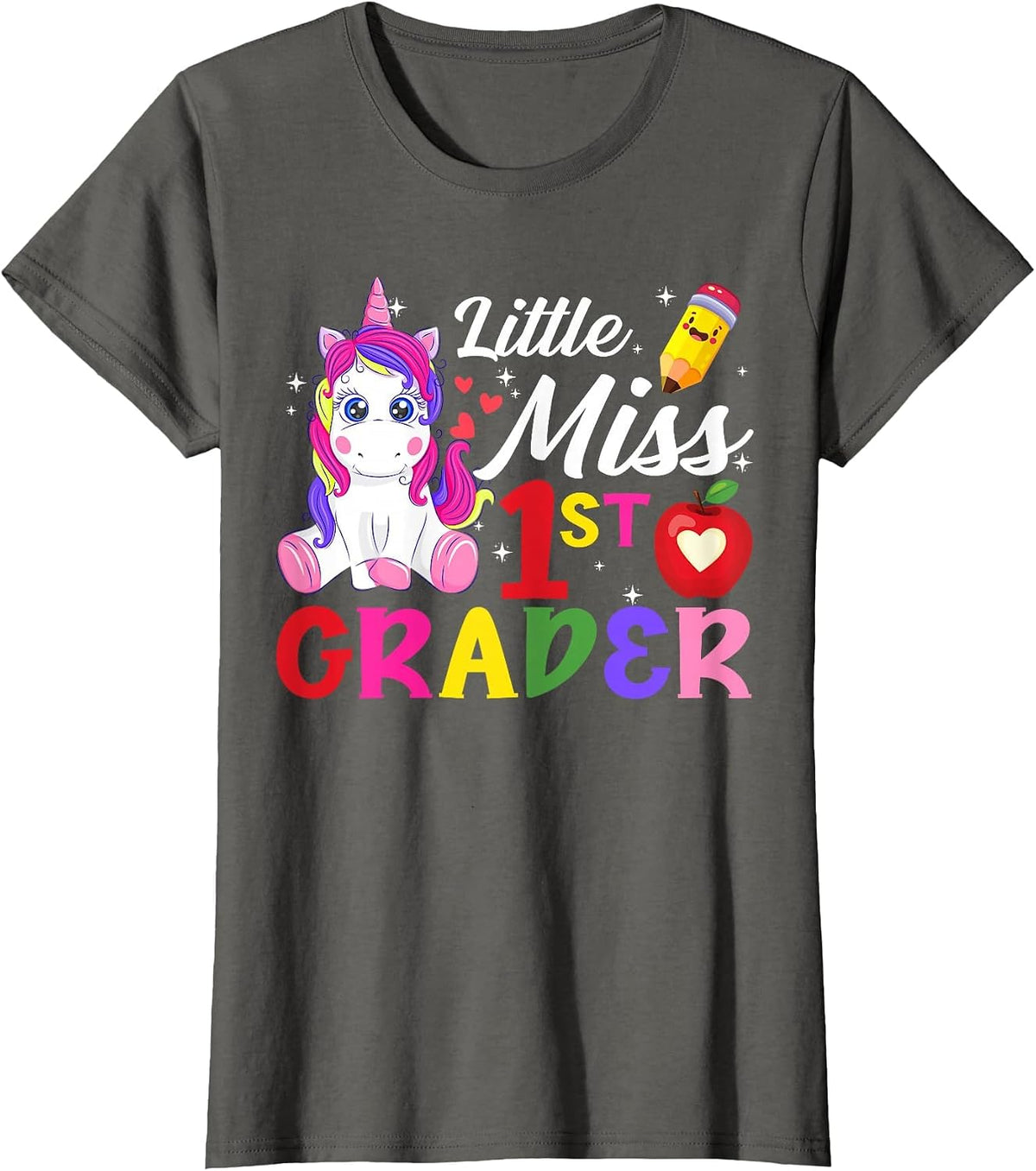 Funny Little Miss First Grader Unicorn First Day of School T-Shirt - Asphalt Grey