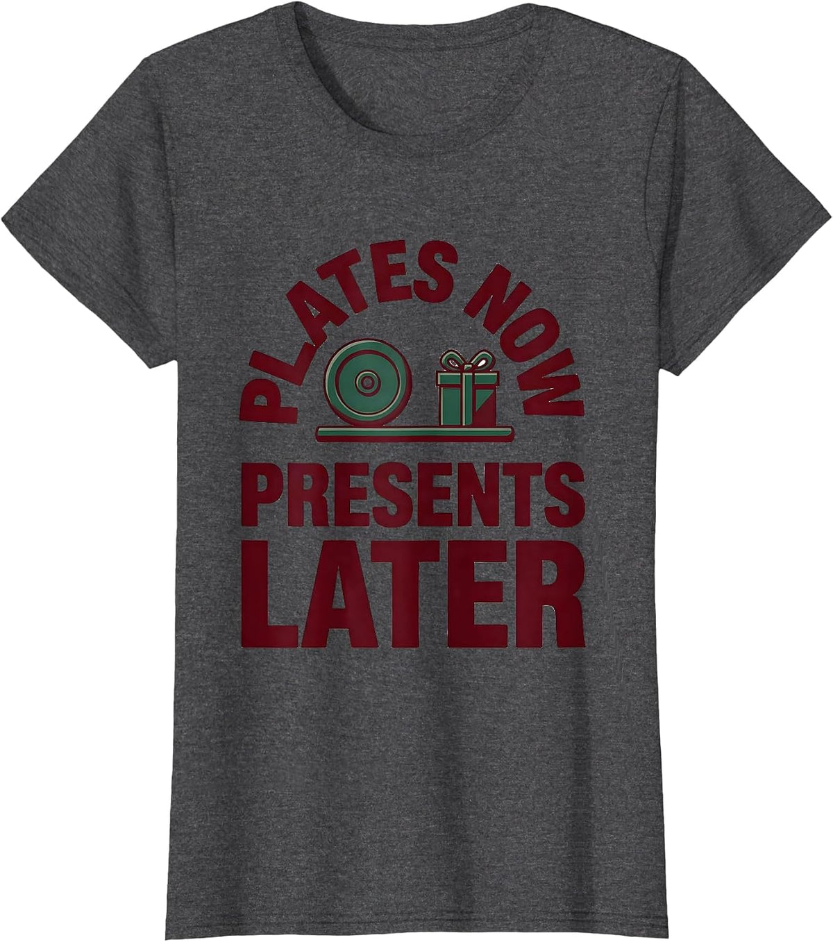Women's Plates Now Presents Later Funny Gym Christmas Weightlifting T-Shirt - Dark Heather Grey