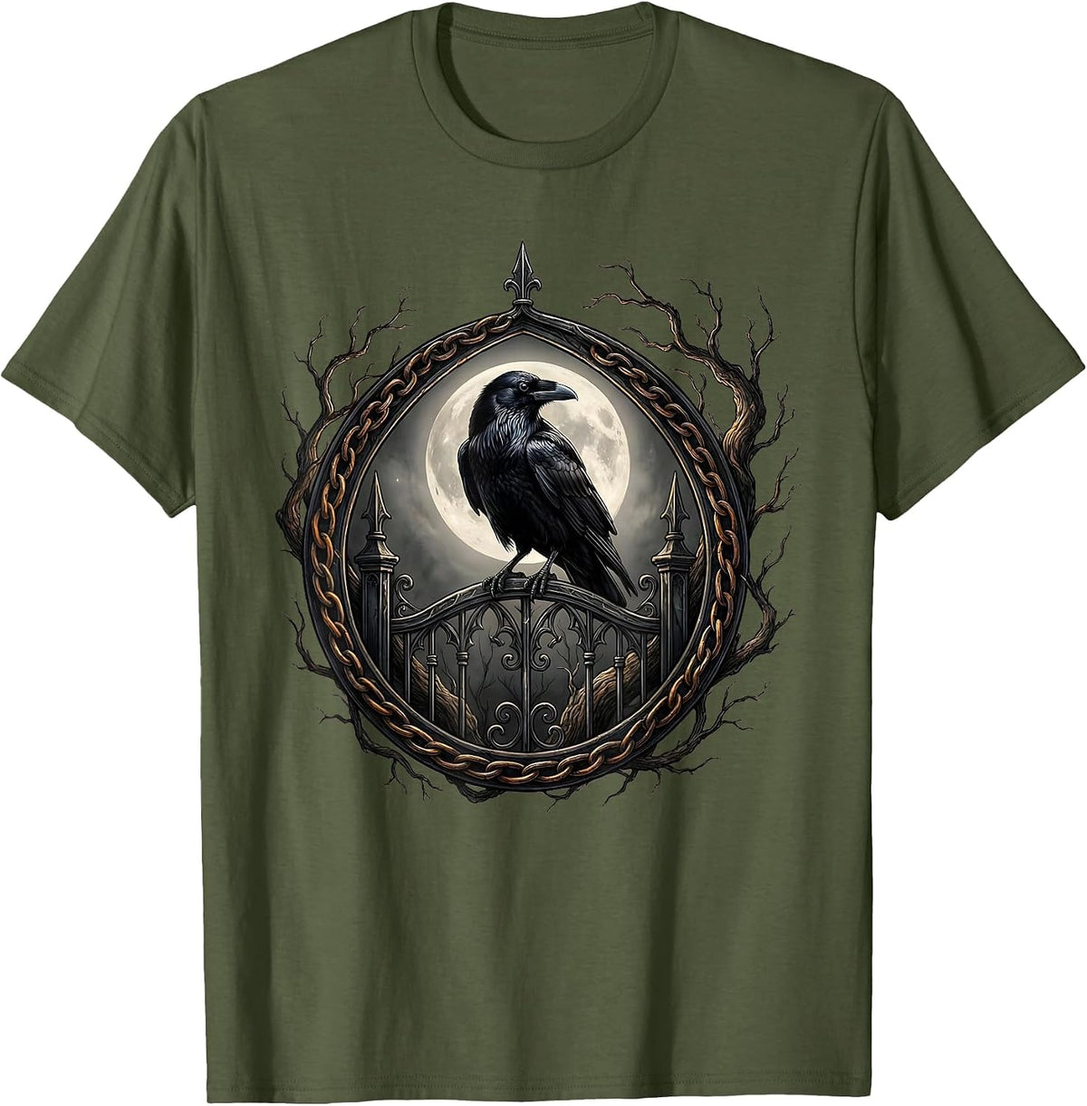 Men's Raven on Gothic Iron Gate Halloween Design T-Shirt - Olive Green