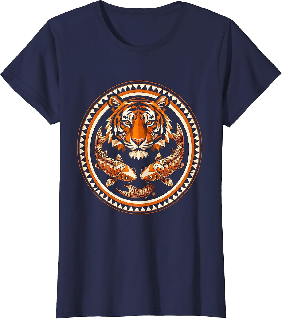 Women's Tiger and Koi Fish Swirl Graphic Design T-Shirt - Navy Blue
