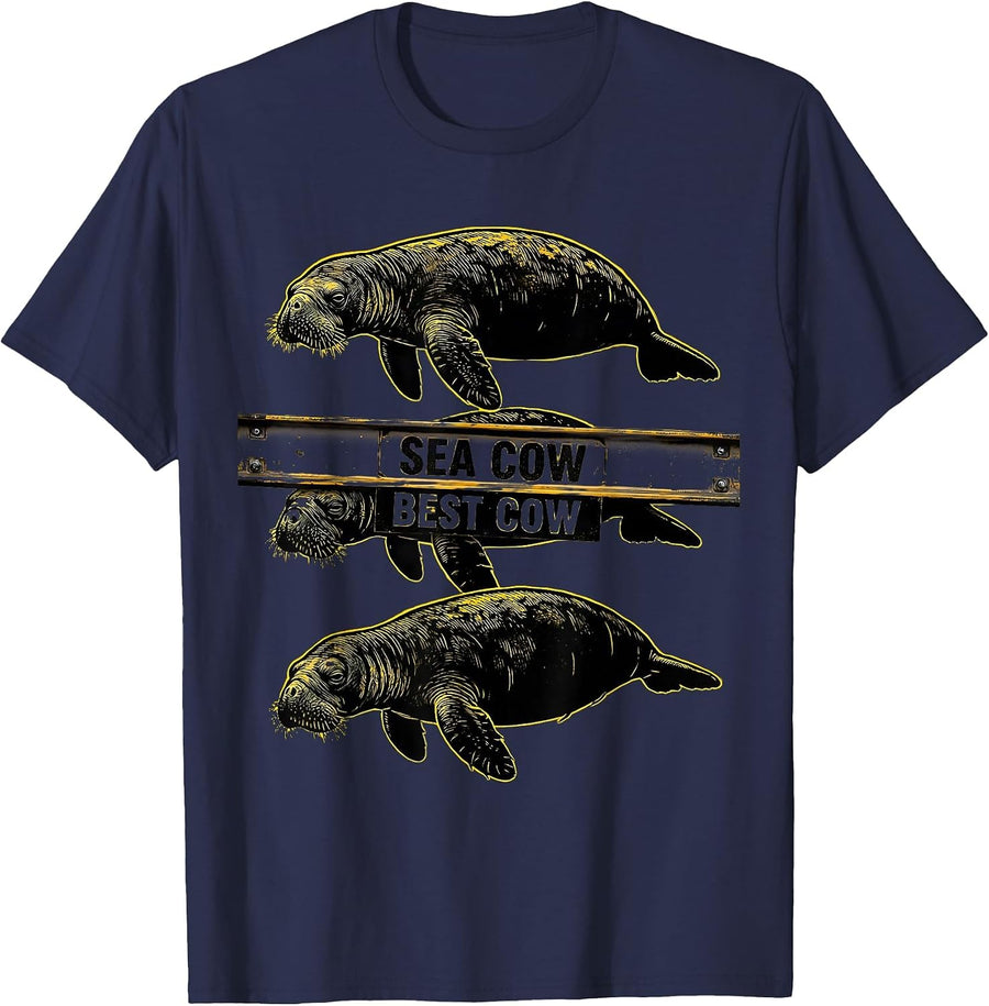 Sea Cow Best Cow Funny Manatee Lover Ocean Animal Humor T-Shirt - Navy Blue