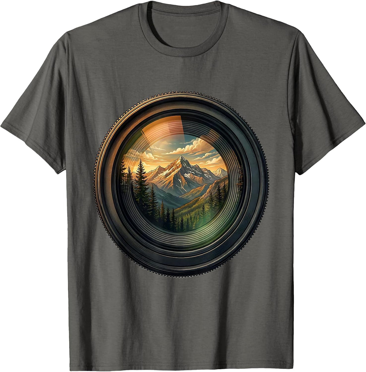 Camera Lens Mountain Landscape Photography Art T-Shirt - Asphalt Grey