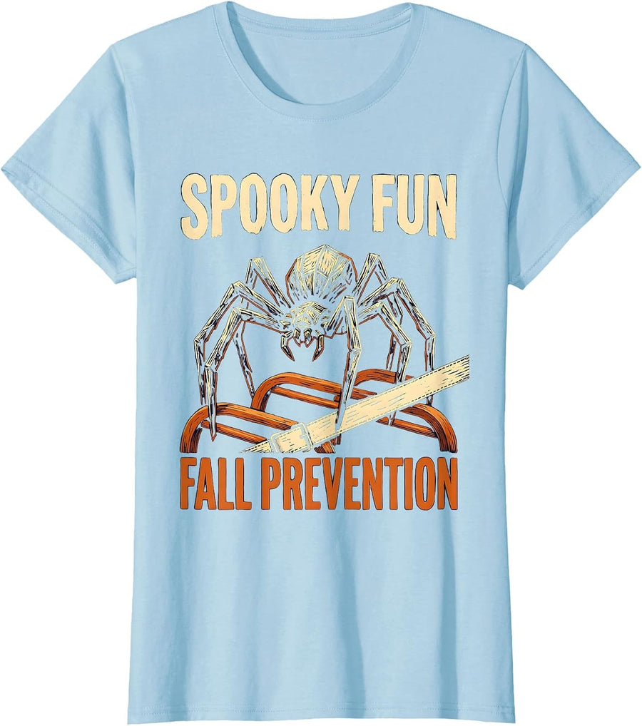 Women's Spooky Fun Fall Prevention Linocut Nurse PT OT Halloween Pun T-Shirt - Baby Blue