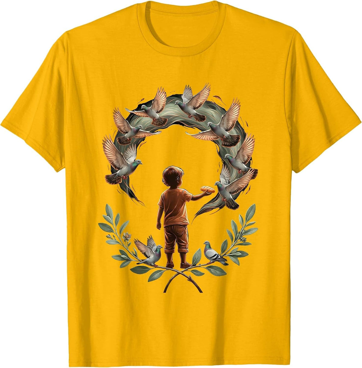 Child Feeding Pigeons Kindness Illustration T-Shirt - Golden Yellow