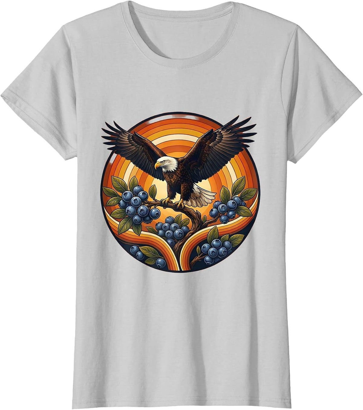 Women's Red White and Blueberries Bald Eagle Design T-Shirt - Silver Grey
