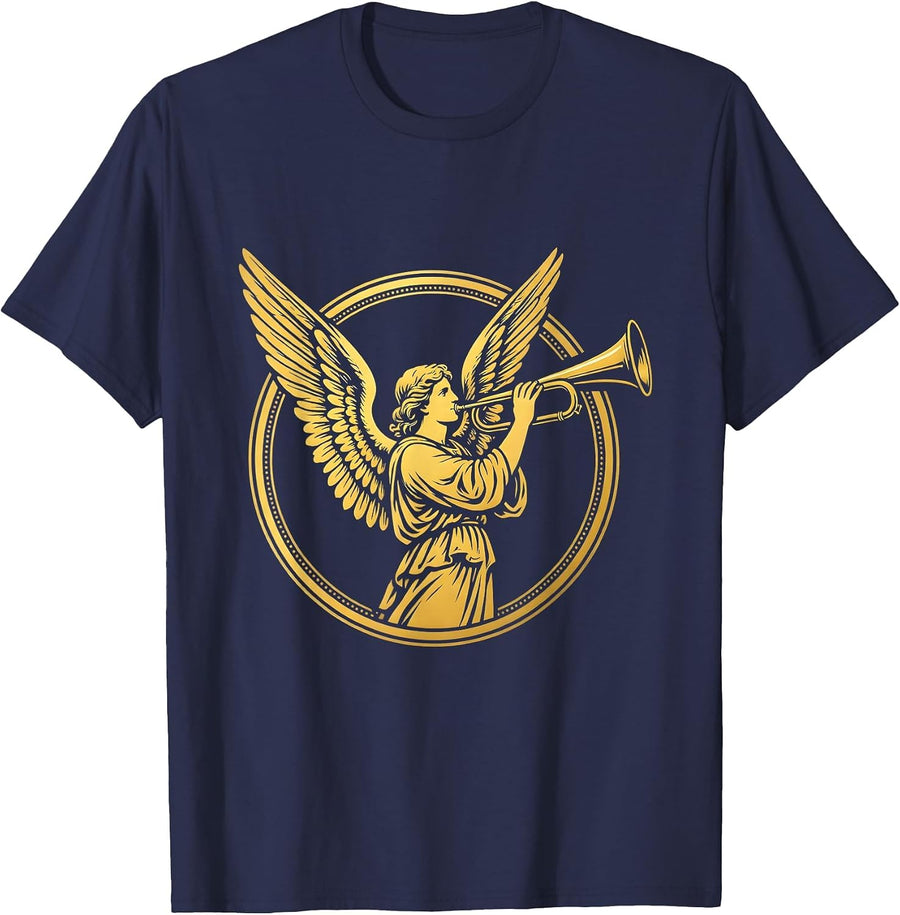 Winged Angel Trumpet Celestial Graphic Design T-Shirt - Navy Blue